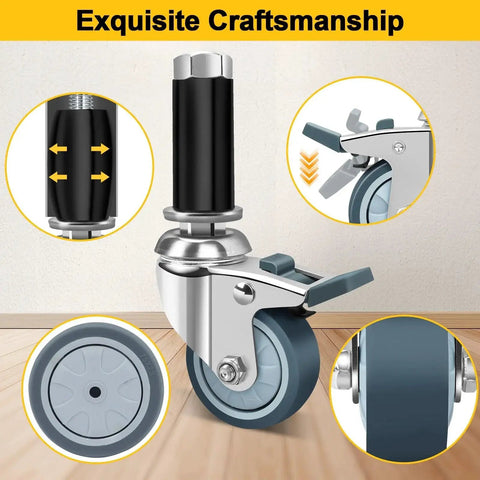 3 Inch Expanding Stem Caster Wheels Set Of 4 For Prep Tables Heavy Duty Casters with Locking Brake detail view
