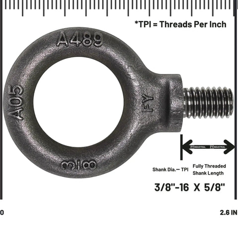 Heavy Duty Lifting Eyebolts Set Of 2 3/8-16 Thread Eye Bolts With 5/8 Inch Reach Forged Carbon Steel ASME B18.15 ASTM A489