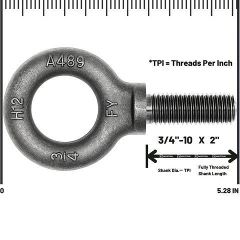 Heavy Duty Lifting Eyebolt Three Quarter Inch By Ten Thread Two Inch Shank Forged Carbon Steel 1035 with threading detail