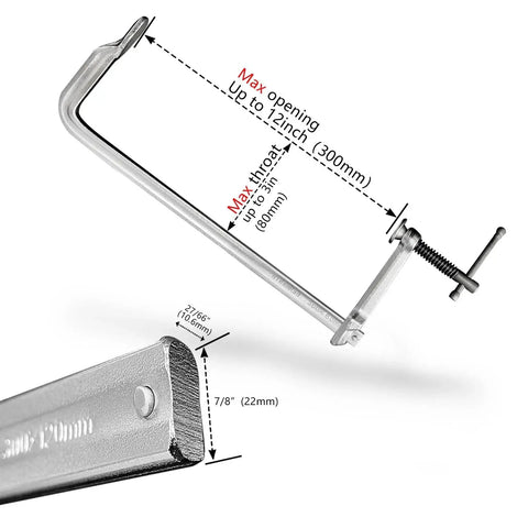Two Pack 12 Inch Heavy Duty F Clamps For Welding Woodworking And Metalworking With 550 Lbs Load Capacity showing dimensions.