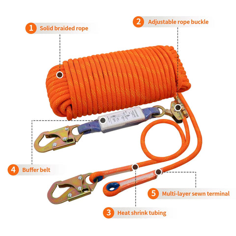 Rock Solid Heavy Duty Fall Protection Rope Kit 25 Ft With Durable Braided Polyester Line Vertical Roofing Grab Snap Hook And Shock Absorber Restraint System For Safe Roofing Work Wear Resistant And Easy To Install with solid braided rope, hooks, and shock absorber.