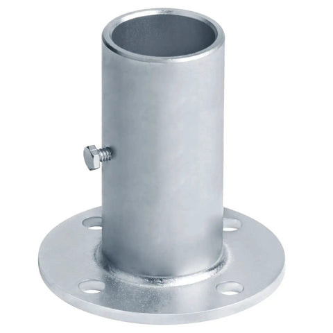 Heavy Duty Chain Link Fence Post Floor Flange Base Set Of Four For One Five Eighths Inch OD Poles, shown electro galvanized steel.
