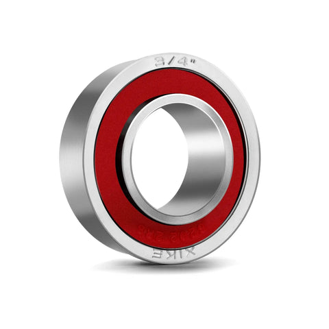 Heavy Duty Flanged Ball Bearings Set By XiKe, 3/4 Inch ID, close-up of galvanized steel bearing with red seal for lawn mowers