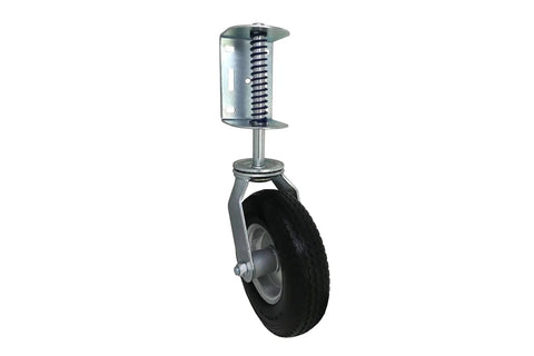 Heavy Duty Flat Free Spring Gate Caster With Universal Mount Eight Inch Wheel 220 Pound Load Capacity And Automatic Height Adjustment