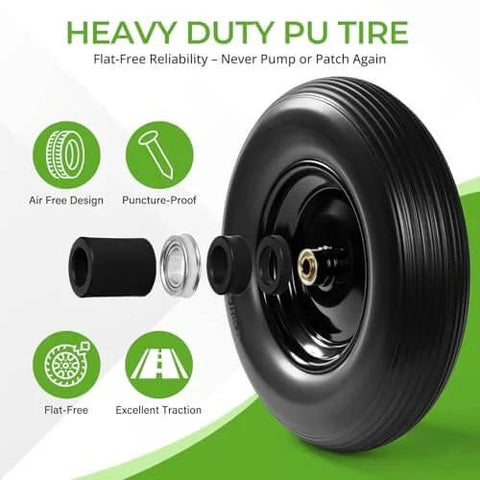 16 Inch Flat Free PU Tire 2 Pack heavy duty solid polyurethane replacement wheels with reinforced steel hubs and puncture-proof design.