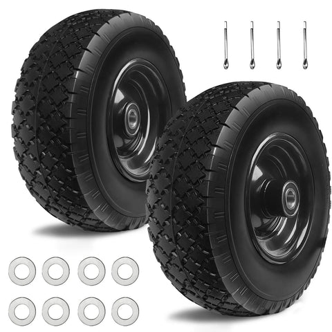 Two 12 Inch Flat Free Solid Rubber Tire and Wheel Assembly with 2.1 Inch Offset Hub and hardware for garden carts and wheelbarrows