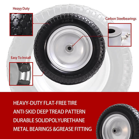 Detailed view of 14.5" wheelbarrow tire, 3.50-8" flat-free solid tire with heavy-duty tread, centered hub, and carbon steel bearings.