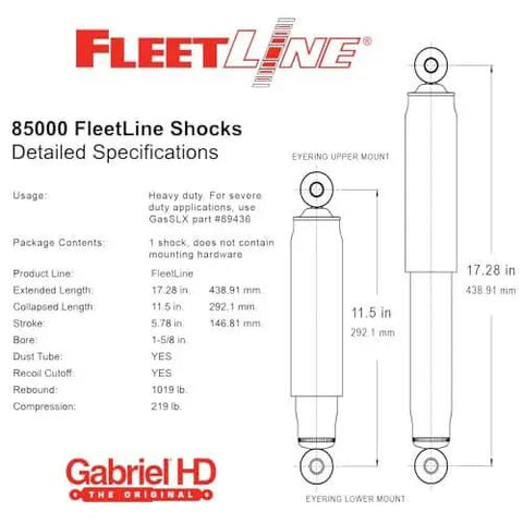 Diagram of Beefed-Up Fleetline Heavy-Duty Rear Shock Absorbers For Hendrickson Intraax And Vantraax Trailer Air Suspensions with specs.