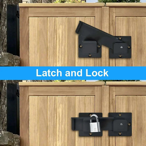 Heavy Duty 7.5 Inch Flip Gate Latch With Padlock Hole on wooden gate, shown open and locked, aluminum alloy built tough, black finish.