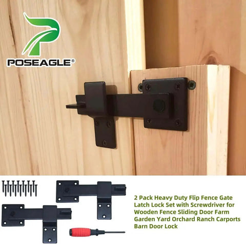 Heavy Duty Flip Fence Gate Latch Lock Set With Screwdriver 2 Pack for Wooden Fences Barn Doors Swinging Gates installed view