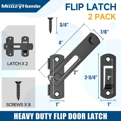 Diagram of 4 Inch Flip Gate Latch Set 180 Degree Barn Door Lock Latch Heavy Duty SUS304 Stainless Steel With Black Finish; includes measurements and screws.