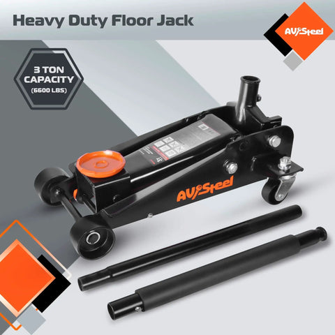 Beast Mode 3 Ton Floor Jack for Cars, Trucks and SUVs, showing hydraulic quick lift and durable AV Steel construction.