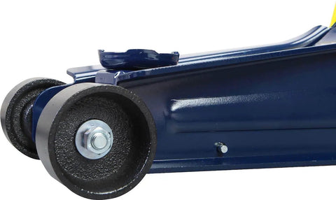 Heavy Duty Two And A Half Ton Low Profile Hydraulic Trolley Floor Jack With Quick Lift Pump And Safety Bypass for Cars Trucks and SUVs with blue finish, close-up of wheel and base.