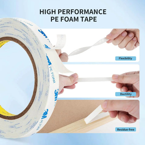 3M 1600T Double Sided Foam Tape 0.39 Inch By 18 Foot White PE Foam Heavy Duty Adhesive Removable No Residue For RV Picture Hanging