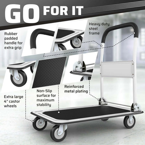 Heavy Duty Foldable Push Cart Dolly | 330 lbs. Capacity | Upgraded Collapsible Hand Truck Folding Platform with Swivel Wheels (White)
