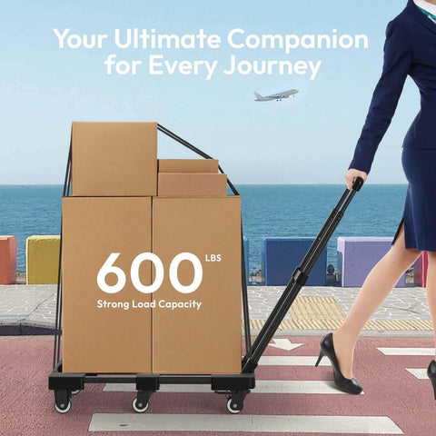 Woman pushing Folding Hand Truck 500lbs, Portable Heavy Duty Dolly Cart, 6 Wheels Collapsible Luggage Cart by the sea with boxes