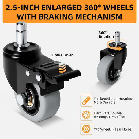 Close-up of 2.5-inch 360-degree wheels with brake for folding heavy duty hand truck 500 lb luggage cart