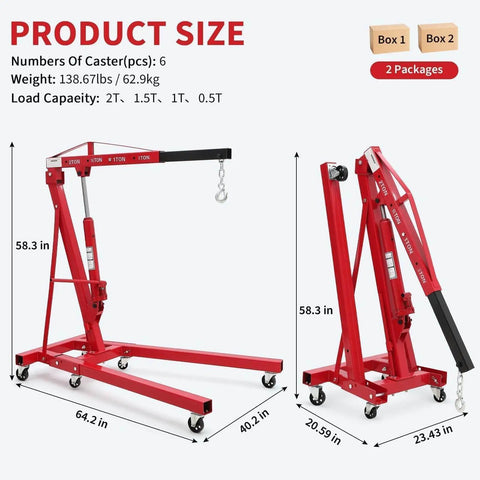 Heavy Duty 2 Ton Folding Hydraulic Engine Hoist With Load Leveler And Adjustable Boom, 6 Wheels, 4400 Lbs Capacity, Cherry Picker
