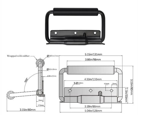 Diagram of 5.15 Inch Heavy Duty Folding Handle with rubber grip, spring loaded, 3 mounting holes for toolbox cabinet luggage and outdoor storage.