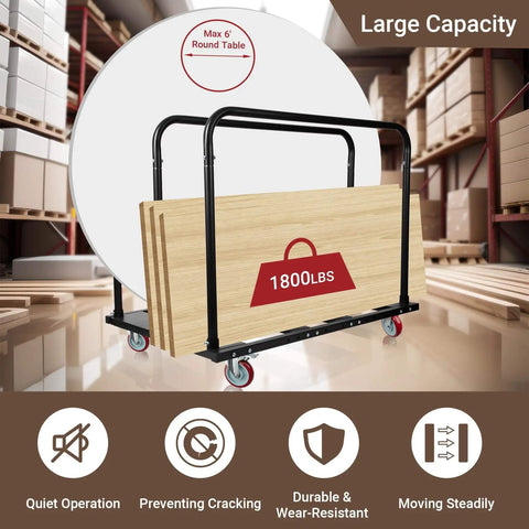 Heavy Duty Folding Table Cart For Moving Tables, 1800 Lb Capacity, Adjustable Drywall Dolly With 5 Inch PU Swivel Wheels