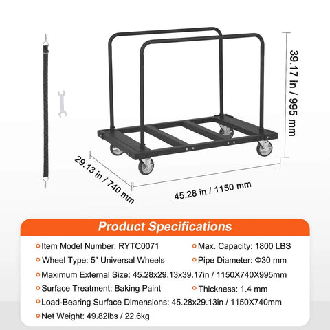 Heavy Duty Folding Table Cart With 5 Inch Swivel Wheels And 1800 Lbs Capacity, shown with dimensions and specifications