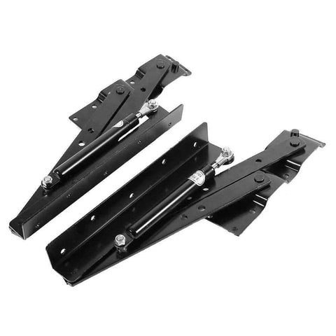 Heavy-duty 1pair Folding up Top Table Mechanism Hardware Fitting Hinge in black steel, showing hydraulic gas spring and hinge design.