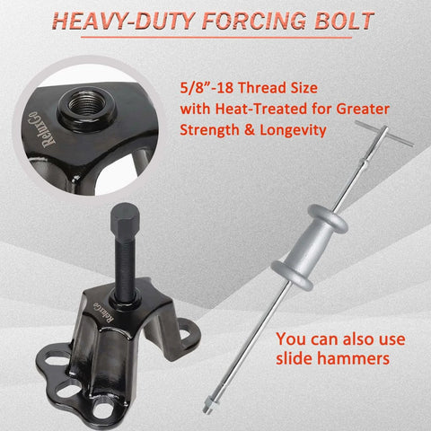 Front Wheel Hub Puller Bearing Removal Tool, 5/8 inch x 18 forcing bolt detail, suitable for 3-3/4 to 4-1/2 inch IDs.