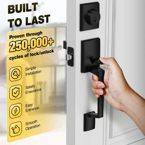 Beefed Up Heavy Duty Front Door Lock Set With Handle And Deadbolt in matte black, zinc alloy, shown installed on door.