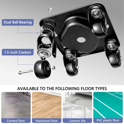 2000 lb heavy duty furniture dolly with groove design showcasing dual ball bearing and 1.5-inch casters on various floor types