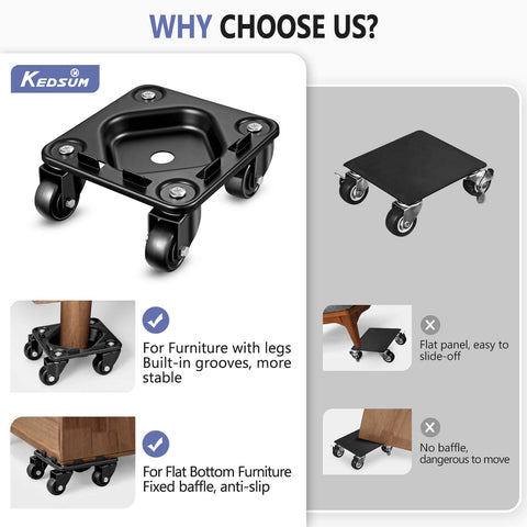 Comparison of furniture dollies showcasing 2000 lb heavy duty furniture dolly with groove design and anti slip features.