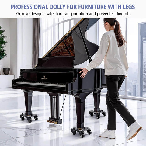 Person using 1500 lb heavy duty furniture dolly with anti slip groove design to move a grand piano on smooth floors