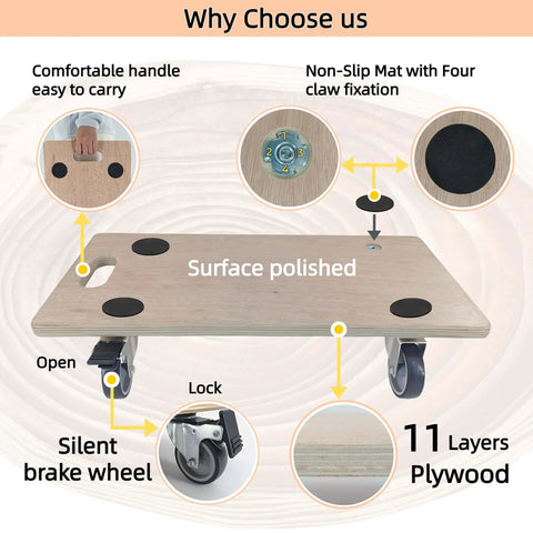 Heavy duty real wood furniture dolly set of 2 with 4 wheels, 2200 lb static load capacity per pair, 11 layer plywood platform diagram