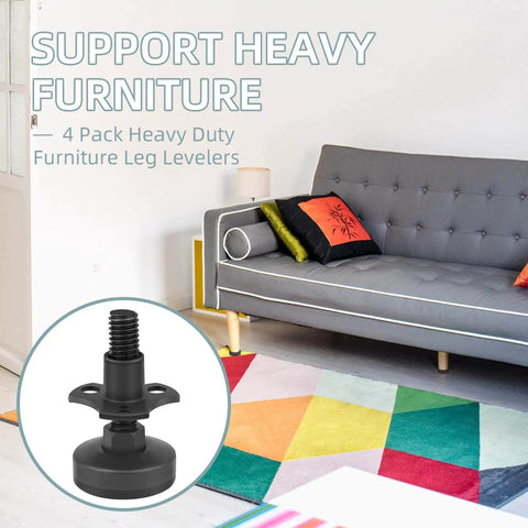 Four-pack adjustable furniture levelers with 3/8-16 threads lift and level tables, chairs, desks and cabinets, supporting up to 1320 lbs total while protecting floors and simplifying stable, balanced setups, shown with a sofa in a colorful room.