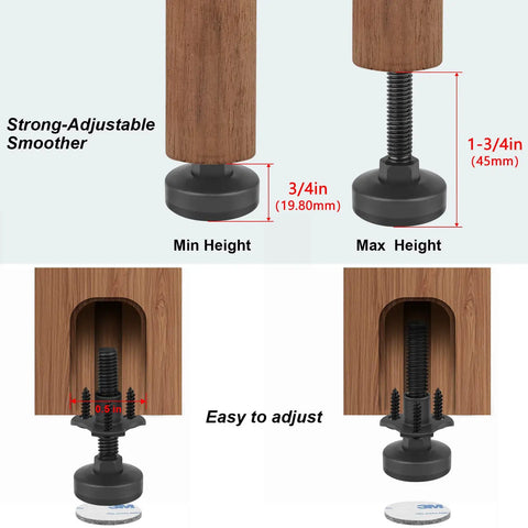Diagram showing Beefy Heavy Duty Furniture Levelers With T Nut Kit Three Eighths Inch 16 Thread Adjustable Levelers in use