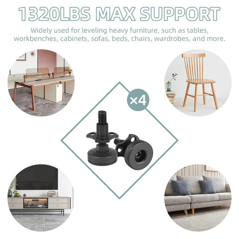 Four-pack adjustable furniture levelers with 3/8-16 threads lift and level tables, chairs, desks and cabinets, supporting up to 1320 lbs total displayed with various furniture.