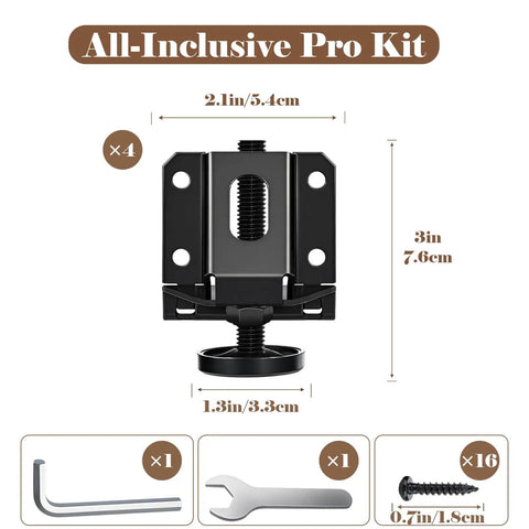 Heavy Duty Leveling Feet 4 Pack Adjustable Furniture Levelers With 1320 Lb Capacity 2 Inch Height Adjustment No Flip Installation Hex Nut Design For Flawless Leveling And Rock Solid Stability displayed with measurements and install tools.