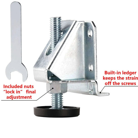 Heavy Duty 8 Pack Furniture Leveling Feet With Lock Nuts For Tables Cabinets Workbenches Shelving Units And More Adjustable 3/8-16 Thread Levelers In Plated Steel For Stable Level Surfaces close-up image showing steel threaded shaft with wrench and lock nuts