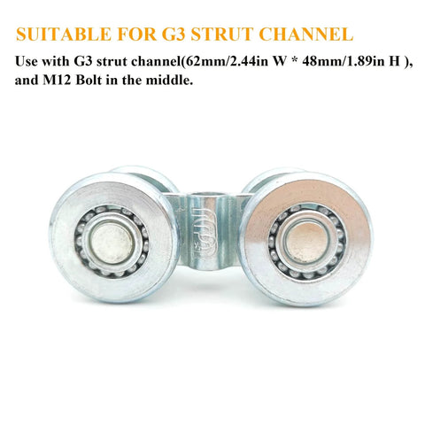 2pcs Track Roller Wheels Heavy Duty Trolley Assembly for Shed Sliding Doors, galvanized steel, front view with strut channel fitment note