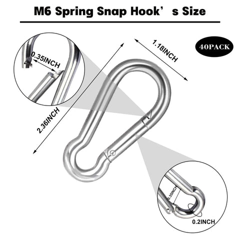 Dimensions of M6 spring snap hook, 2.36-inch length, 0.35-inch width, galvanized steel. Part of 40 pack for outdoor use