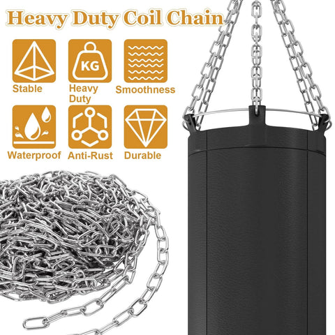 Heavy duty coil chain with 49.21ft (15 m) galvanized steel, 0.11 inch (3 mm) for outdoor use, next to punching bag.