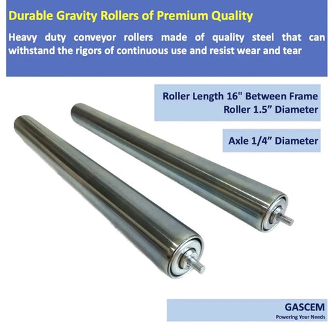 Set Of 2 Heavy Duty Galvanized Steel Conveyor Rollers For Roller Conveyor Systems 16 Inch Between Frame Length One And A Half Inch Diameter