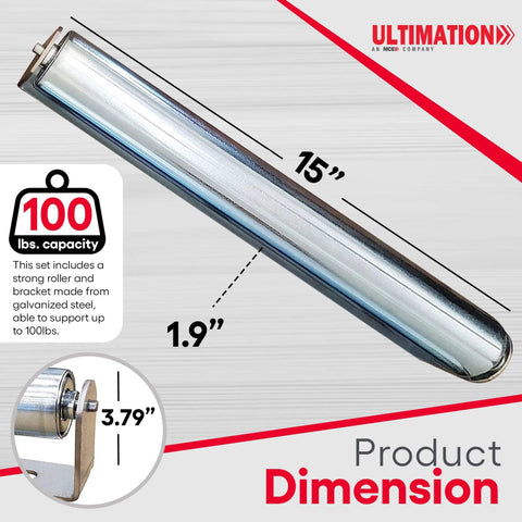 Heavy Duty Galvanized Steel Roller, 15" Length, 1.9" Diameter, 100lb Capacity by Ultimation, showing product dimensions