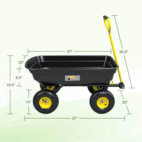 Heavy Duty Garden Dump Cart Utility Wagon with 600 LB Capacity 4 Cu Ft Bed with yellow handle and 10 Inch Pneumatic Tires