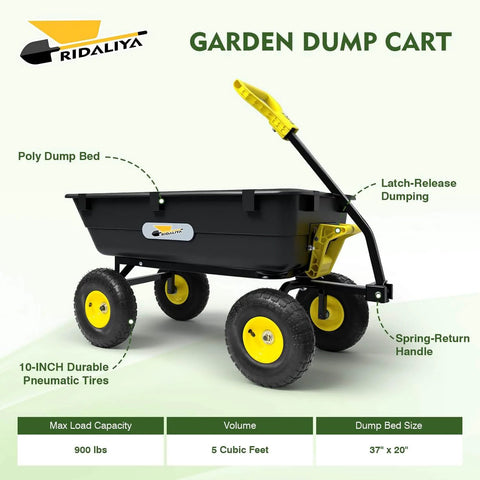 Heavy Duty Garden Dump Cart Utility Wagon with 900 LB Capacity 5 Cu Ft Bed 10 Inch Pneumatic Tires and 180 Degree Pivot Steering