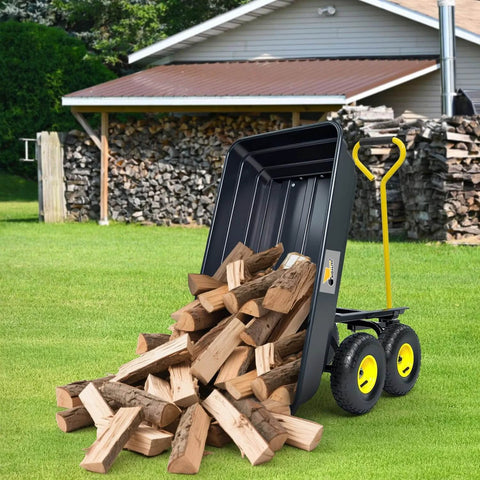 Heavy Duty Garden Dump Cart Utility Wagon with 600 LB Capacity 4 Cu Ft Bed 10 Inch Pneumatic Tires unloading wood on lawn
