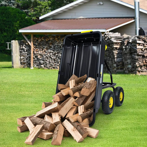 Heavy Duty Garden Dump Cart Utility Wagon with 900 LB Capacity 5 Cu Ft Bed showing wood unloaded in lawn