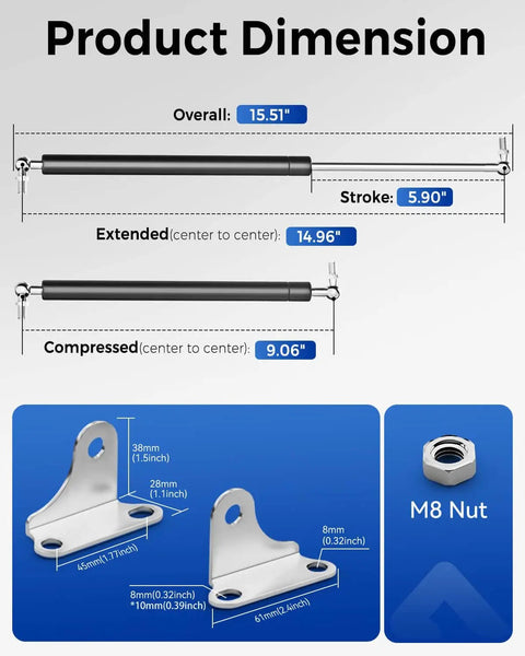 15 Inch 100 Lb Gas Struts With Brackets 2 Pack For RV Beds Hatches And Storage Lids dimensions and bracket sizes displayed.