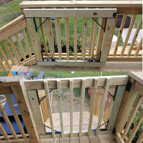 Heavy Duty Adjustable Gate Corner Brace Bracket Anti Sag Gate Kit installed on wooden fence showing solid iron support.