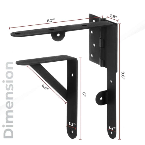 Heavy Duty Anti Sag Gate Kit With 90 Degree Bracket And Hinges For Wooden Fences shown with dimensions in matte black finish.