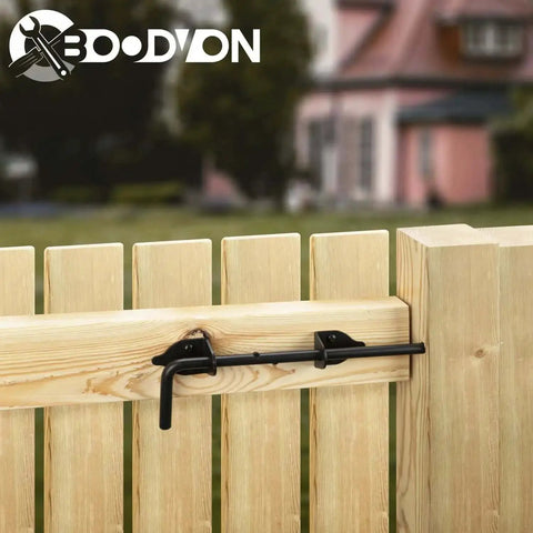 12 Inch Cane Bolt Gate Drop Rod Heavy Duty Gate Hardware for wooden fences with wrought iron look black finish installed on a fence